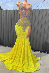 Round neck Silver Beaded Mermaid Yellow Sequin Prom Dresses