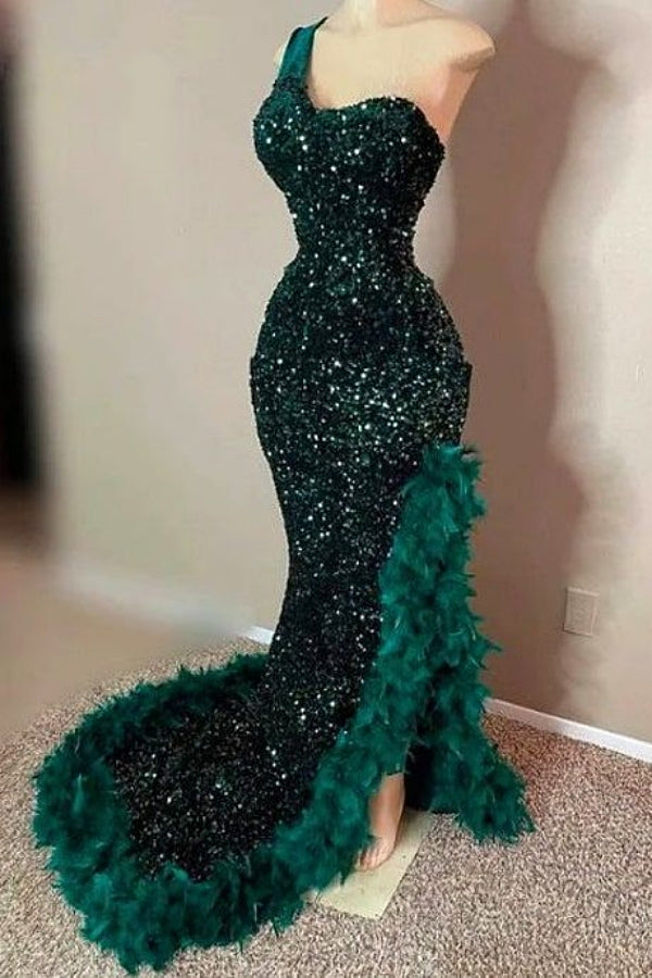 Dark Green One shoulder Split Ruffles High Split Prom Dresses