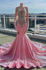 V-neck Silver Beaded Pink Long Prom Dresses with Cutout