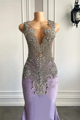 Lilac Mermaid Prom Dress with Scoop Neckline Sleeveless and Crystal Beadings