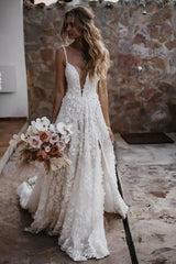 A-line V Neck Lace Prom Dress With Split Wedding Dress