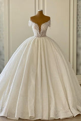 Elegant Modern V-neck Wedding Gowns With Glitter Off-the-shoulder