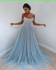 Blue tulle long prom dress, blue tulle evening dress