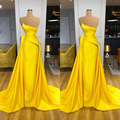 Bright Yellow Strapless Metallic Sequin Overskirt Prom Dress