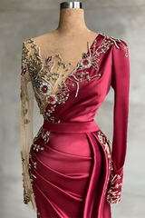 Burgundy Long Sleeves Mermaid Prom Dress With Beadings