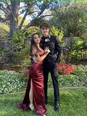 Burgundy Mermaid Long Prom Dress V Neck Party Dress With Slit