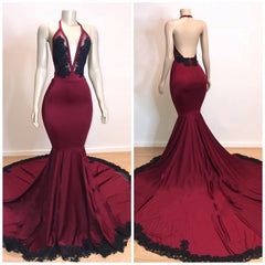 Burgundy V-neck Halter Appliques Long Mermaid Evening Dresses