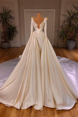 Chic A-Line Cathedral V-Neck Long Wedding Dress With Long Sleeves