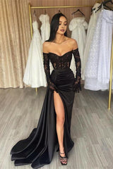 Classy Long Black Off-the-Shoulder Lace Mermaid Long Sleeves Evening Party Gowns Long Slit Online