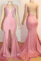 Elegant Pink Prom Party Gowns| Backless Lace Evening Gown With Slit