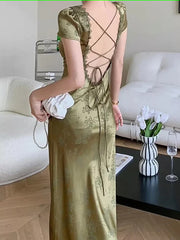 Elegant Women Green Satin Backless Mixi Dress Palace Short Sleeve Lace V-Neck Bandage Vintage Bodycon Evening Gown