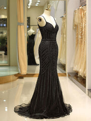 Gorgeous Black Evening Dresses Mermaid Luxury Heavy Beaded Straps Long Formal Evening Dress