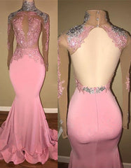 Gorgeous High-Neck Backless Pink Prom Party GownsMermaid With Lace Appliques