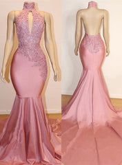 Halter Backless Mermaid Appliques Long Train Prom Dresses