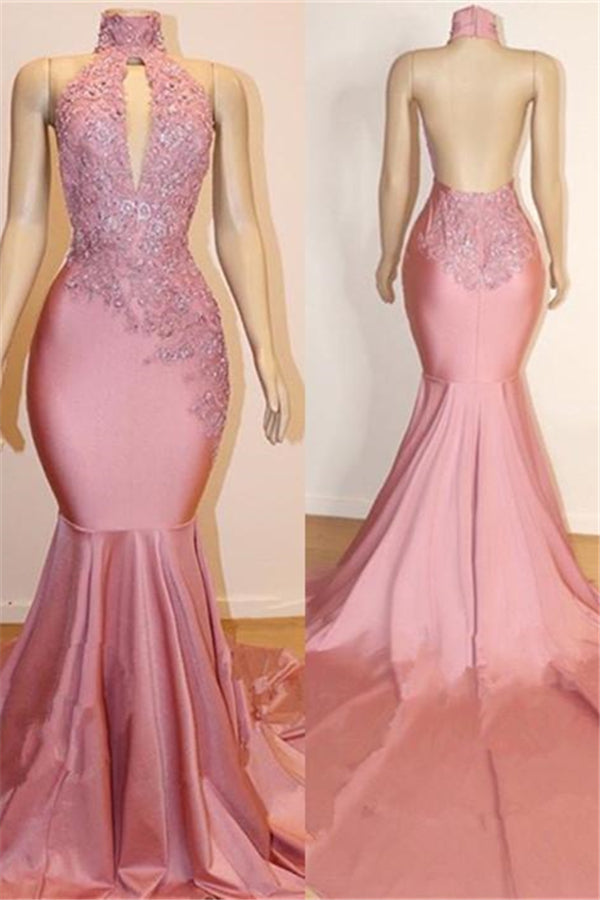 Halter Backless Mermaid Appliques Long Train Prom Dresses