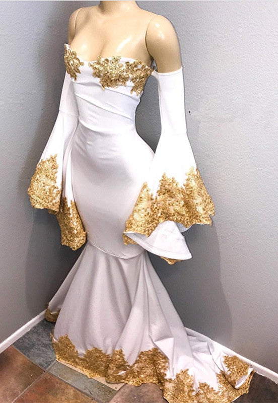 Long Sleeves Prom Party Gowns with gold appliques, mermaid evening dress