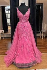 Pink Corset Prom Dress Elegnat A Line Deep V Neck Party Evening Dress with Appliques