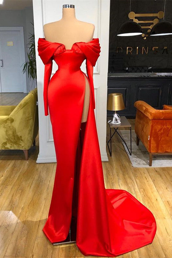 Red Off-the-Shoulder Long Sleeves Prom Dress Mermaid With High Split