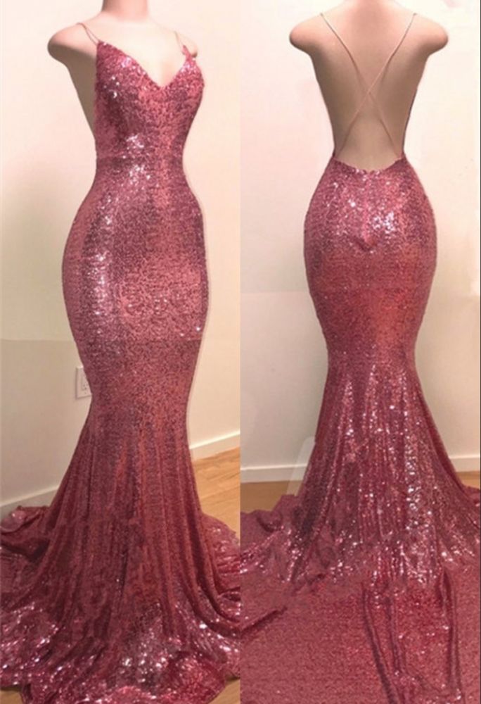 Sequins V-neck Sleeveless Spaghetti Backless Prom Dresses