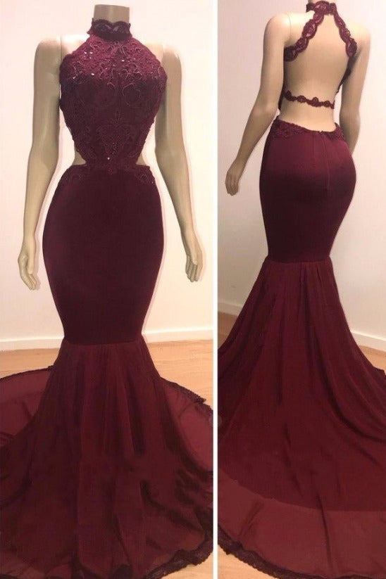 Sexy Backless Halter Mermaid Prom Dress Burgundy Long Chiffon Backless