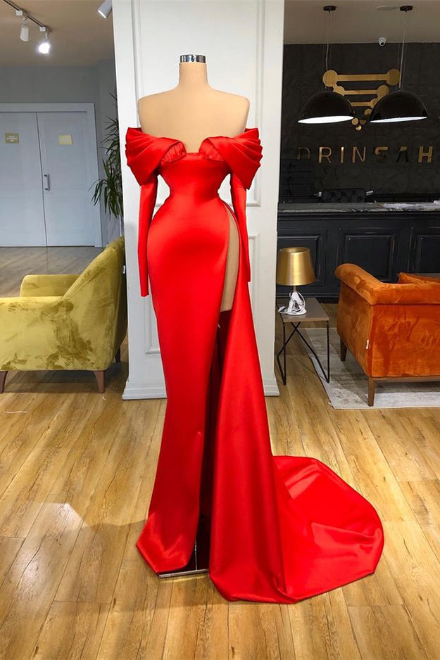 Sexy Red Long Sleeves Mermaid Prom Dress Off-the-Shoulder With Slit