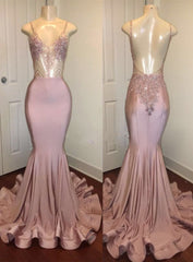 Trendy Pink Beads Spaghetti Strap Prom Party Gowns| Mermaid Prom Party Gowns