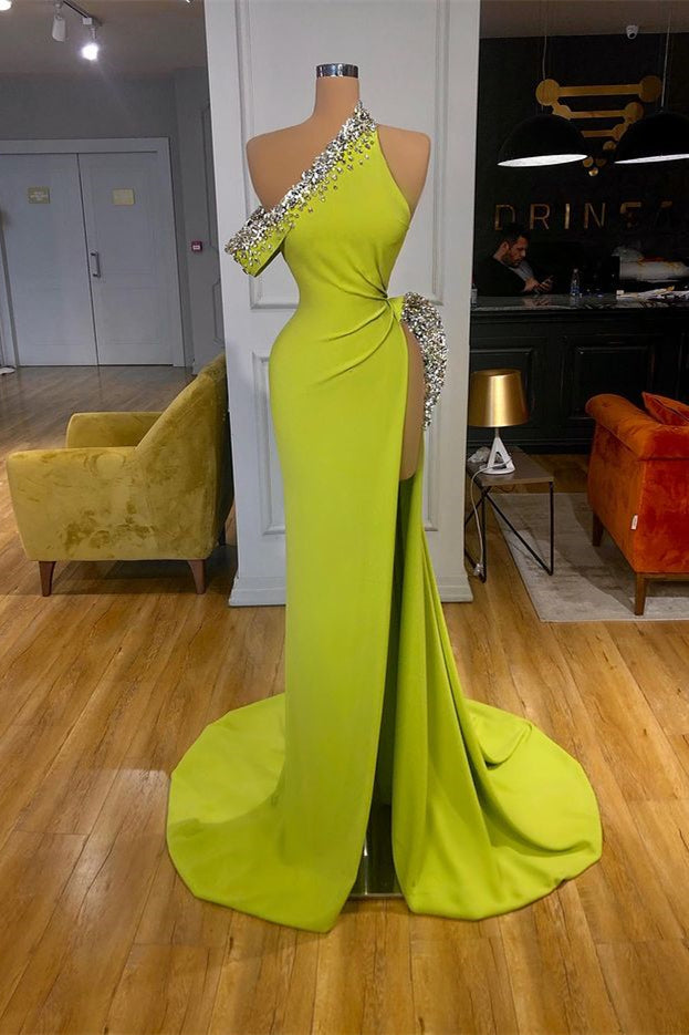 Yellow Green One Shoulder Mermaid Prom Dress Slit Long With Crystals