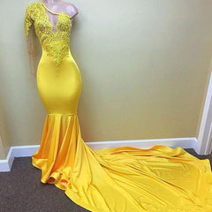 Yellow one shoulder mermaid prom dress, lace evening dresses