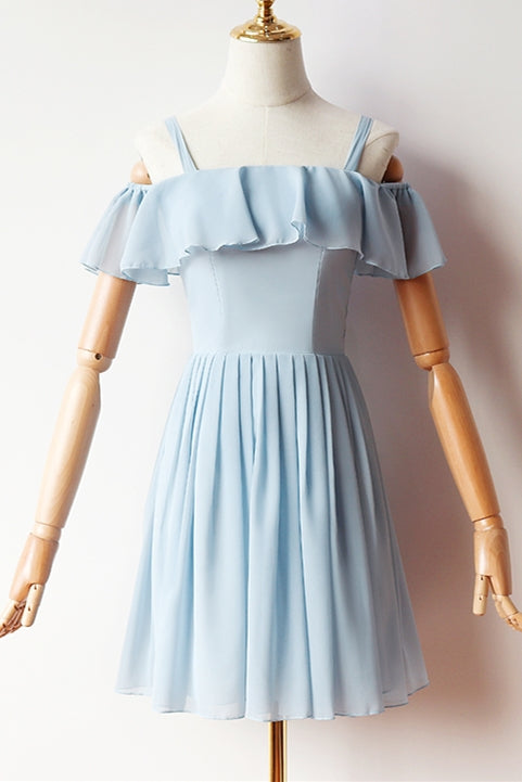 Cold Sleeves Short Blue Chiffon Homecoming Dress