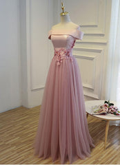 Pink A Line Off Shoulder Floor Length Prom Dress, Lace Evening Dress