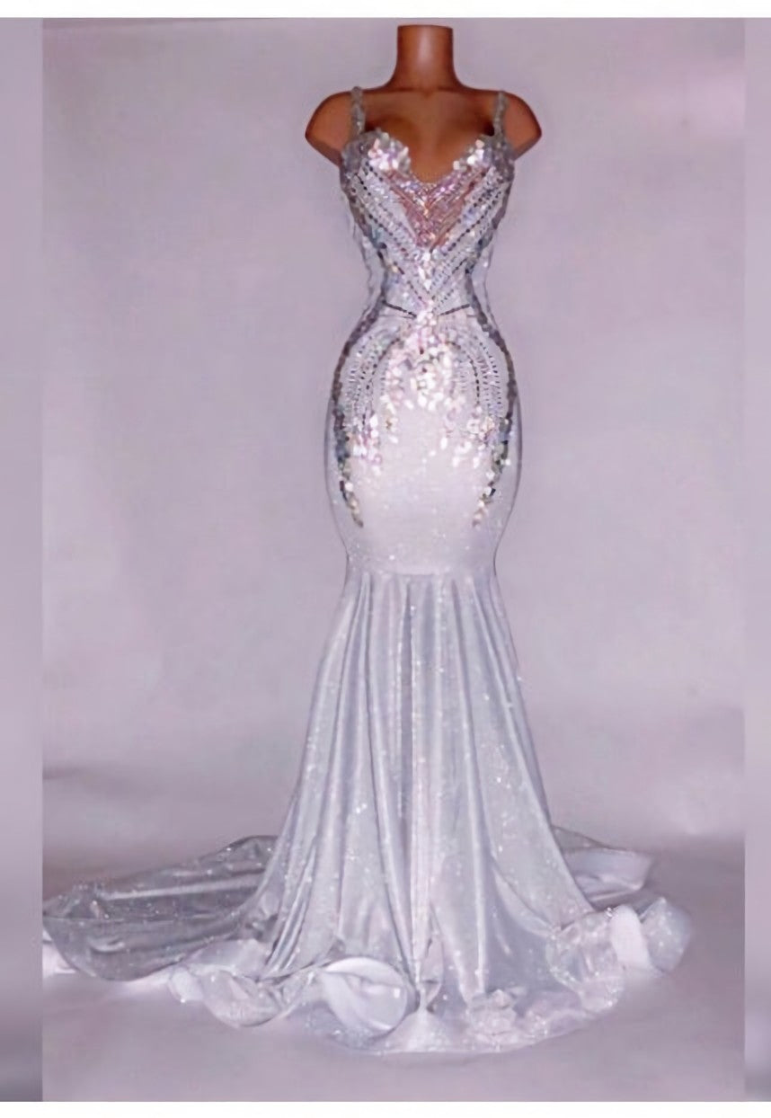 Alluring Silver Satin Beaded Mermaid Prom Dresses