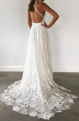 Charming Ivory Lace A Line Spaghetti Straps Backless Side Slit Beach Wedding Dresses