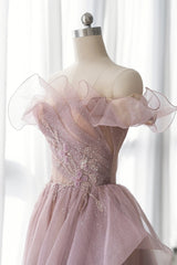 Pink Tulle Long A-line Prom Dress, Lovely Off the Shoulder Evening Dress