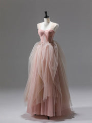 Pink Tulle Lace Long Prom Dress, Beautiful A-Line Evening Party Dress