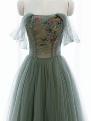 A-Line Green Tulle Long Prom Dress, Off the Shoulder Evening Party Dress