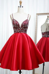 Red Satin Beading Short Prom Dresses, A-Line Homecoming Dresses