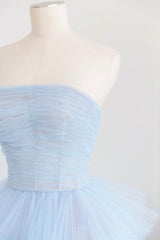 Blue Layers Tulle Long Prom Dresses, A-Line Strapless Evening Dresses