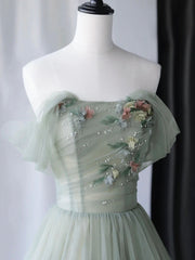 Beautiful Green Tulle Long Prom Dress, Off Shoulder Evening Dress