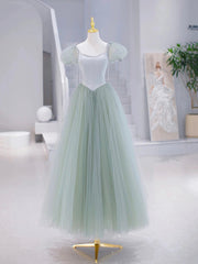 Green Tulle Floor Length Prom Dress, Green Short Sleeve Evening Party Dress