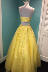 Yellow Lace Two Pieces Prom Dress, A-Line Evening Party Dress