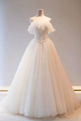 Champange Tulle Long Prom Dress, A-Line Evening Dress