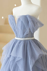 Blue Off Shoulder Tulle Long Formal Dress, A-Line Blue Evening Dress