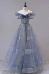 A-Line Off Shoulder Layers Tulle Long Evening Dress, Blue Formal Dress