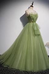 Green Tulle Long A-Line Prom Dresses, Green Spaghetti Straps Evening Dresses