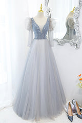 Cute V-Neck Tulle Beaded Long Prom Dress, Gray A-Line Evening Party Dress