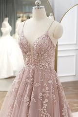 Pink Tulle Lace Long Prom Dresses, A-line Spaghetti Strap Evening Dresses