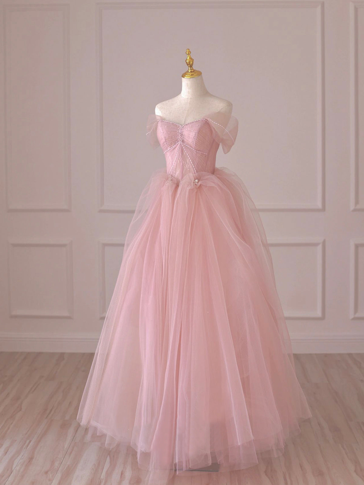 Pink Tulle Lace Long Prom Dress, Off the Shoulder Evening Dress