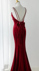 Wine Red Velvet Low Back Straps Long Party Dress, Wine Red Wedding Party Dress