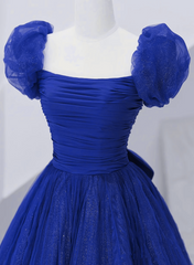 Royal Blue Scoop Tulle Short Sleeves Long Prom Dress, Royal Blue A-Line Party Dress