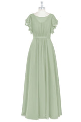 Elegant Sage Green Ruffled A-Line Long Bridesmaid Dress